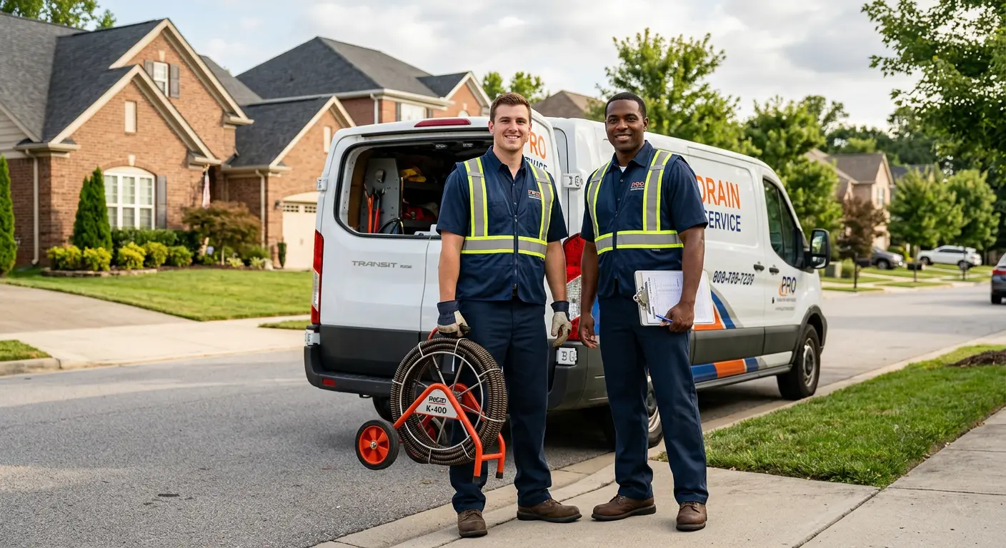 Sewer and drain service team with equipment ready for work in Rutherford