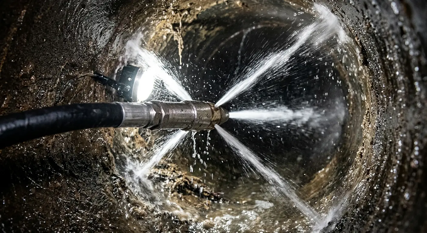 High-pressure hydro jetting nozzle cleaning sewer pipe for Sewer Cleanout in Rutherford