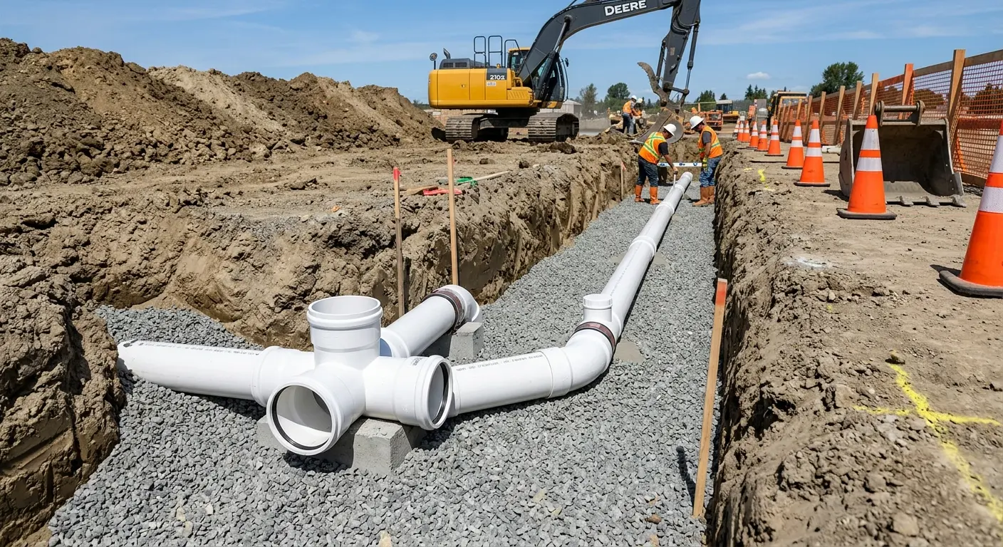 New PVC sewer pipe installation in open trench for Commercial Drain Cleaning in Rutherford